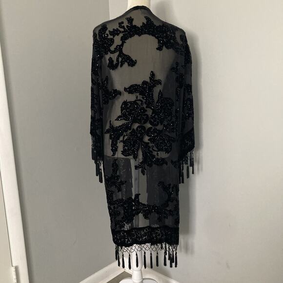 Aris A Vintage 90s Silk Burn out velvet kimono beaded tassel whimsigoth One Size - Picture 3 of 16